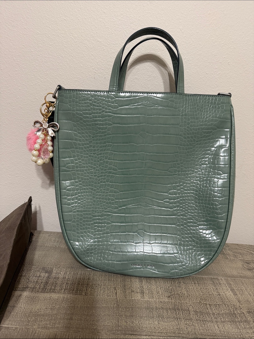 Charles & Keith Sage Green Croc-Embossed Shoulder Bag with Charm